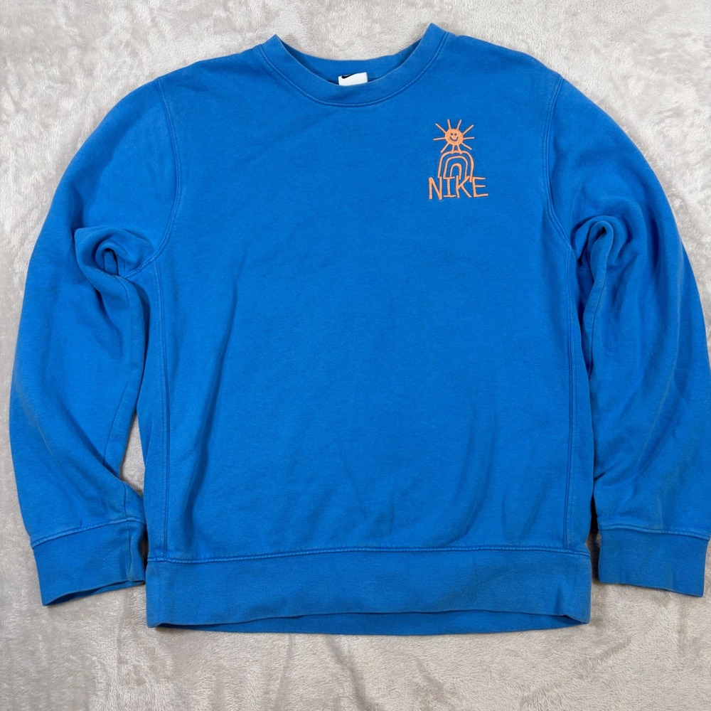 Nike Mens Sportswear Crewneck Sweatshirt Blue Orange Sun Small
